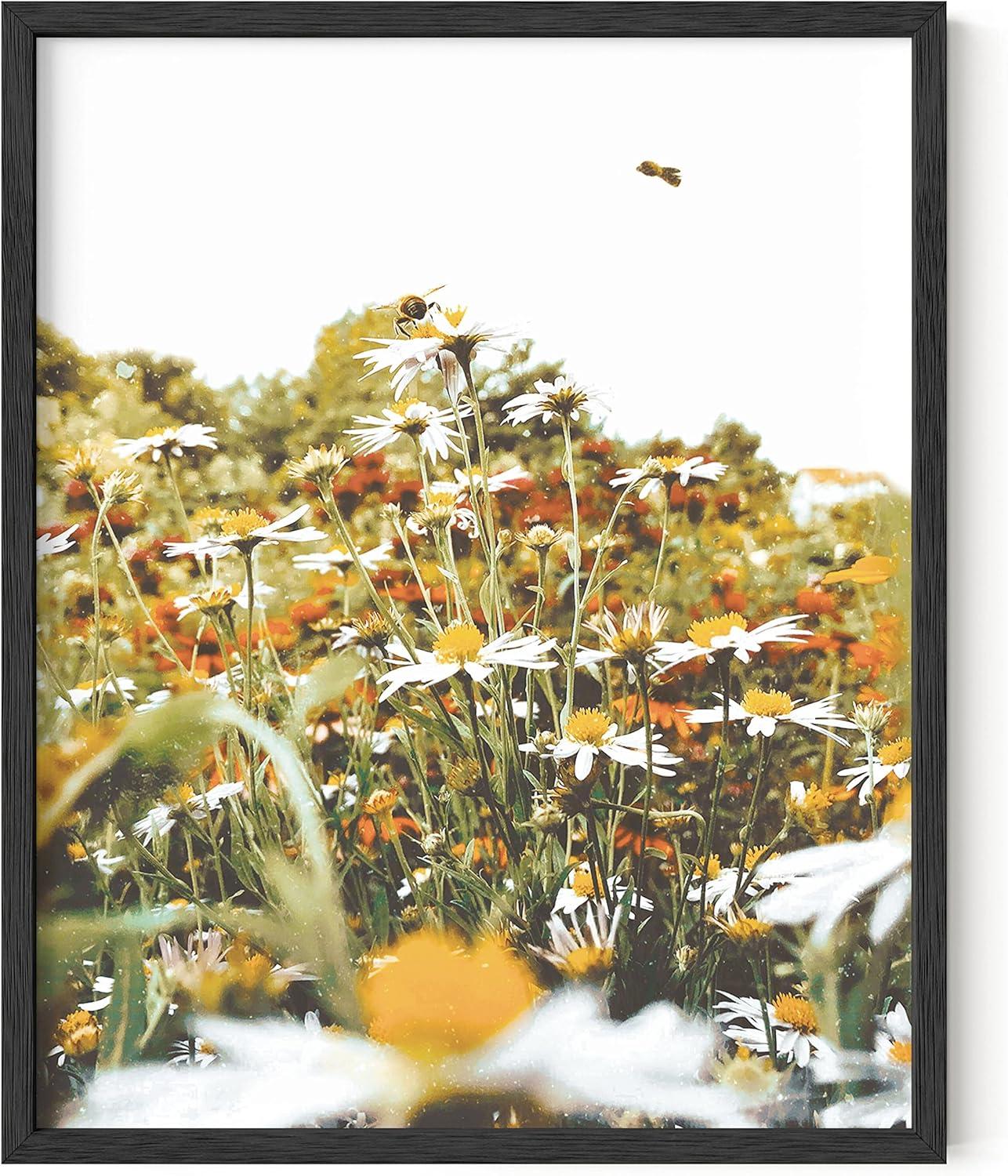 imageHAUS AND HUES Honey Bee Decor Garden Wall Art  Insect Poster Vintage Floral Posters and Prints Flower Poster Vintage Botanical Prints Black Frame 16x20Flowers and Bees