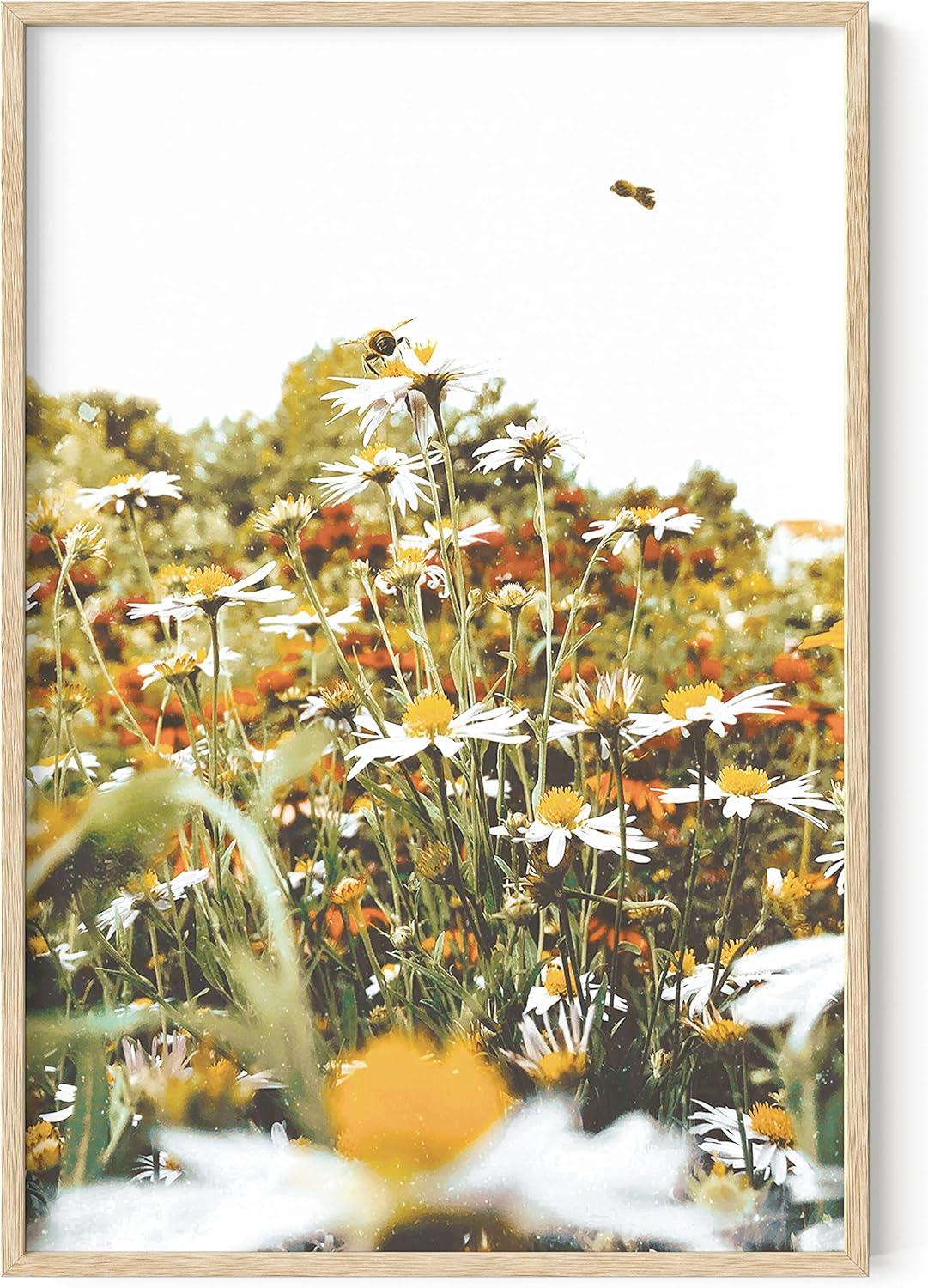imageHAUS AND HUES Honey Bee Decor Garden Wall Art  Insect Poster Vintage Floral Posters and Prints Flower Poster Vintage Botanical Prints Black Frame 16x20Flowers and Bees