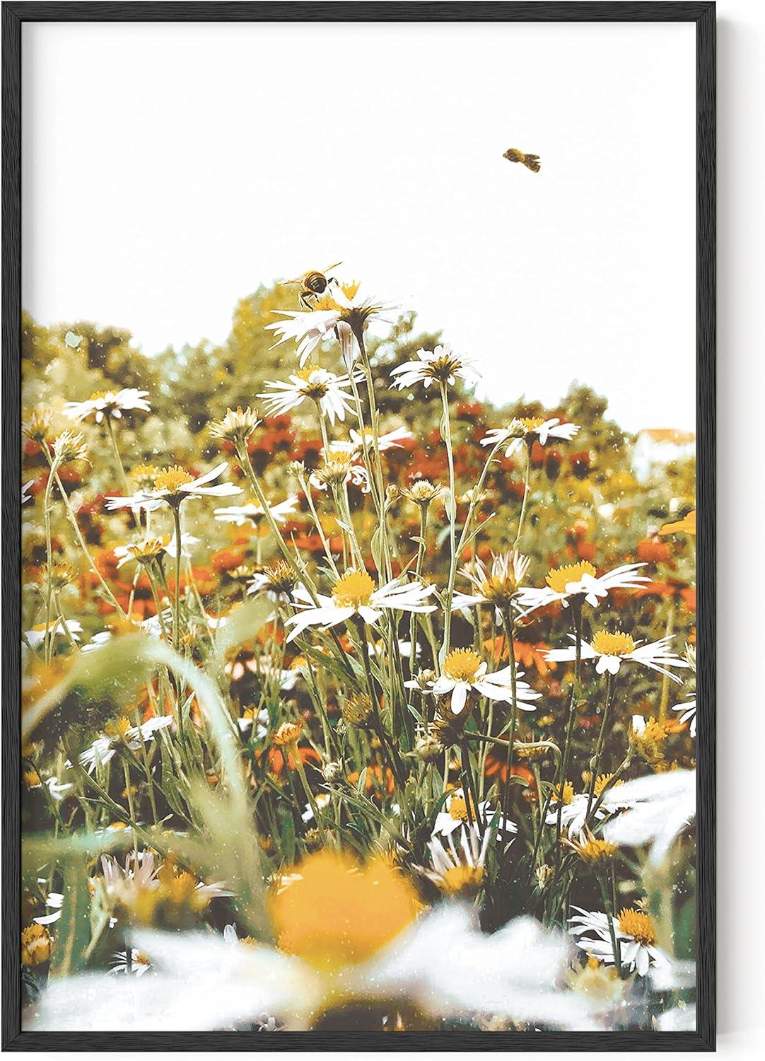 imageHAUS AND HUES Honey Bee Decor Garden Wall Art  Insect Poster Vintage Floral Posters and Prints Flower Poster Vintage Botanical Prints Black Frame 16x20Flowers and Bees