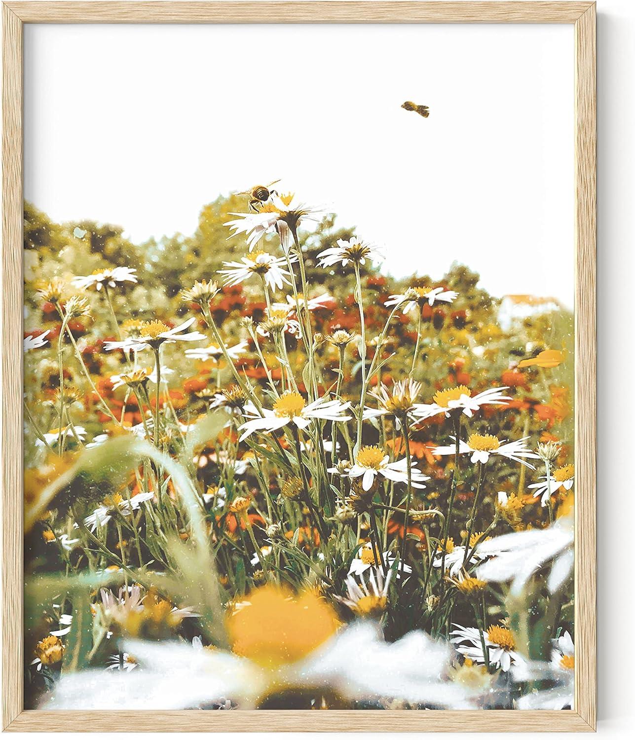 imageHAUS AND HUES Honey Bee Decor Garden Wall Art  Insect Poster Vintage Floral Posters and Prints Flower Poster Vintage Botanical Prints Black Frame 16x20Flowers and Bees