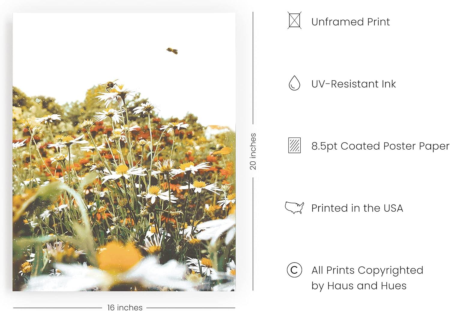 imageHAUS AND HUES Honey Bee Decor Garden Wall Art  Insect Poster Vintage Floral Posters and Prints Flower Poster Vintage Botanical Prints Black Frame 16x20Flowers and Bees