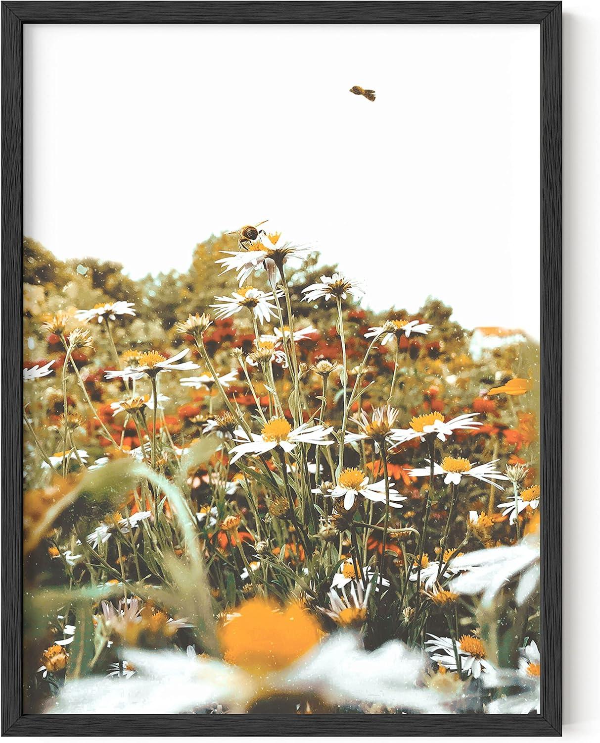 imageHAUS AND HUES Honey Bee Decor Garden Wall Art  Insect Poster Vintage Floral Posters and Prints Flower Poster Vintage Botanical Prints Black Frame 16x20Flowers and Bees