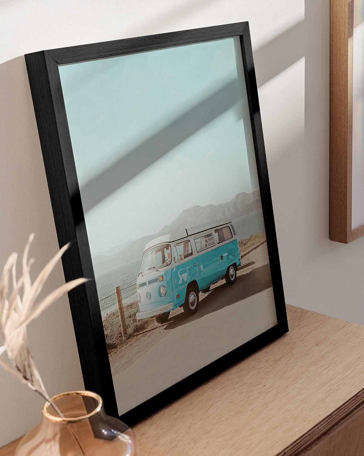 imageHAUS AND HUES Surfing Poster Beach Room Decor  Surfer Poster Art Prints Surfer Wall Art Wall Decor Vintage Beach Posters Surfer Print Beige Frame 16x20Blue Van