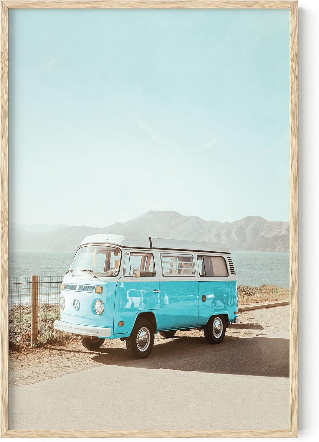 imageHAUS AND HUES Surfing Poster Beach Room Decor  Surfer Poster Art Prints Surfer Wall Art and Vintage Beach Posters Wall Art Beige Frame 12x16Blue Van