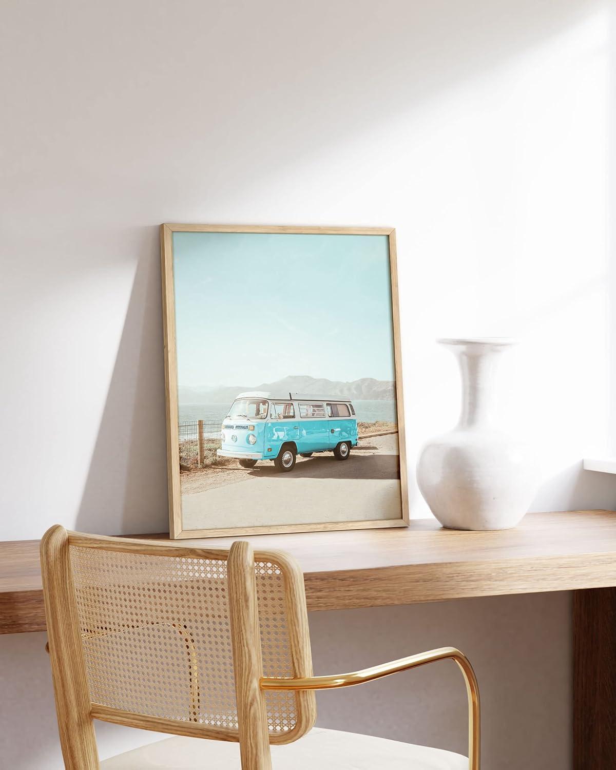 imageHAUS AND HUES Surfing Poster Beach Room Decor  Surfer Poster Art Prints Surfer Wall Art and Vintage Beach Posters Wall Art Beige Frame 12x16Blue Van