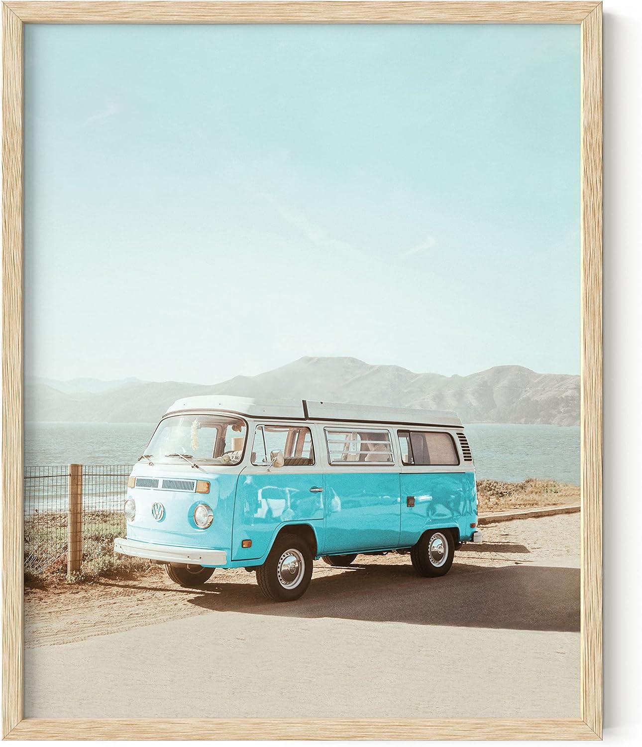 imageHAUS AND HUES Surfing Poster Beach Room Decor  Surfer Poster Art Prints Surfer Wall Art and Vintage Beach Posters Wall Art Beige Frame 12x16Blue Van