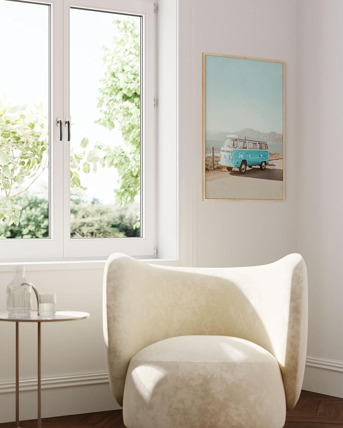 imageHAUS AND HUES Vintage Beach Wall Art and Surf Decor  Vintage Posters and Prints Surfboard Poster Prints Wall Art Surfing Posters Beige Frame 12x16Blue Van