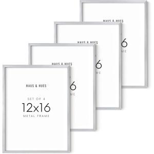 imageHAUS AND HUES 12x16 Silver Metal Picture Frames  Set of 4 Picture Frame Sets for Wall Collage Picture Frames 12x16 Set of 4 Paper Sized Picture Frame Silver Frames Bulk Silver Aluminum Frames