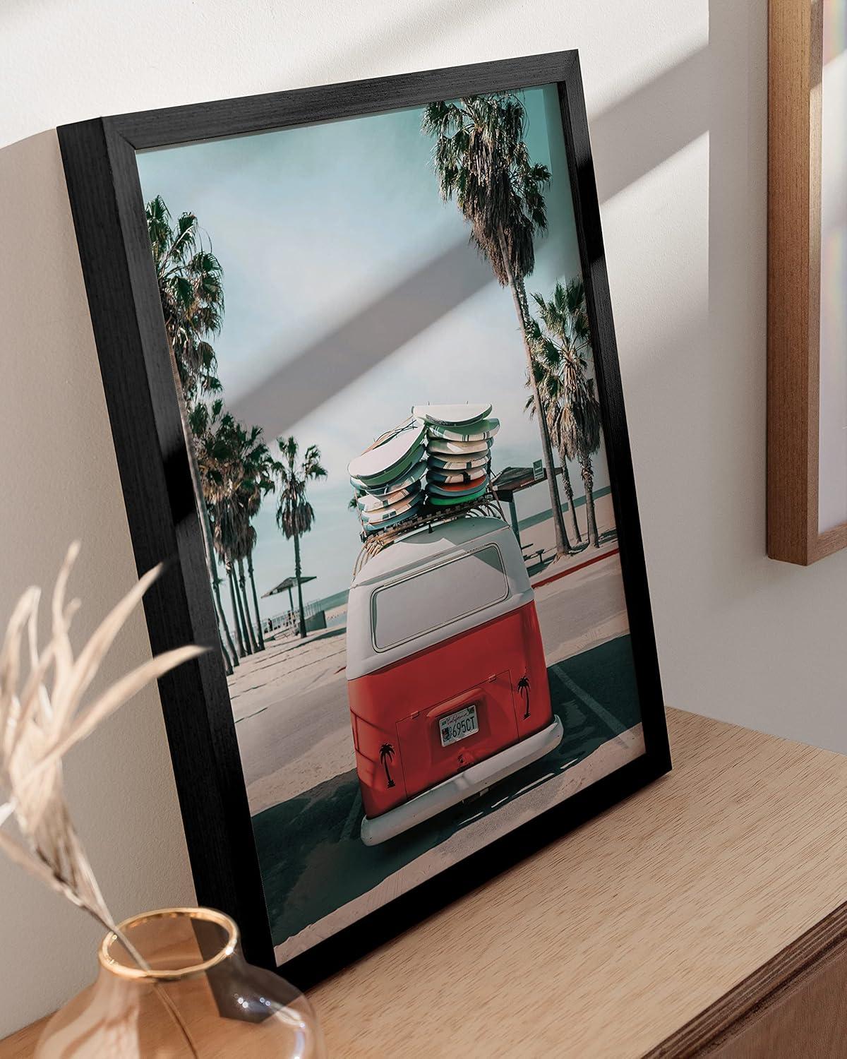 imageHAUS AND HUES Surfing Poster Beach Room Decor  Surfer Poster Art Prints Surfer Wall Art Wall Decor Vintage Beach Posters Surfer Print Black Frame 16x20Red Surf Van