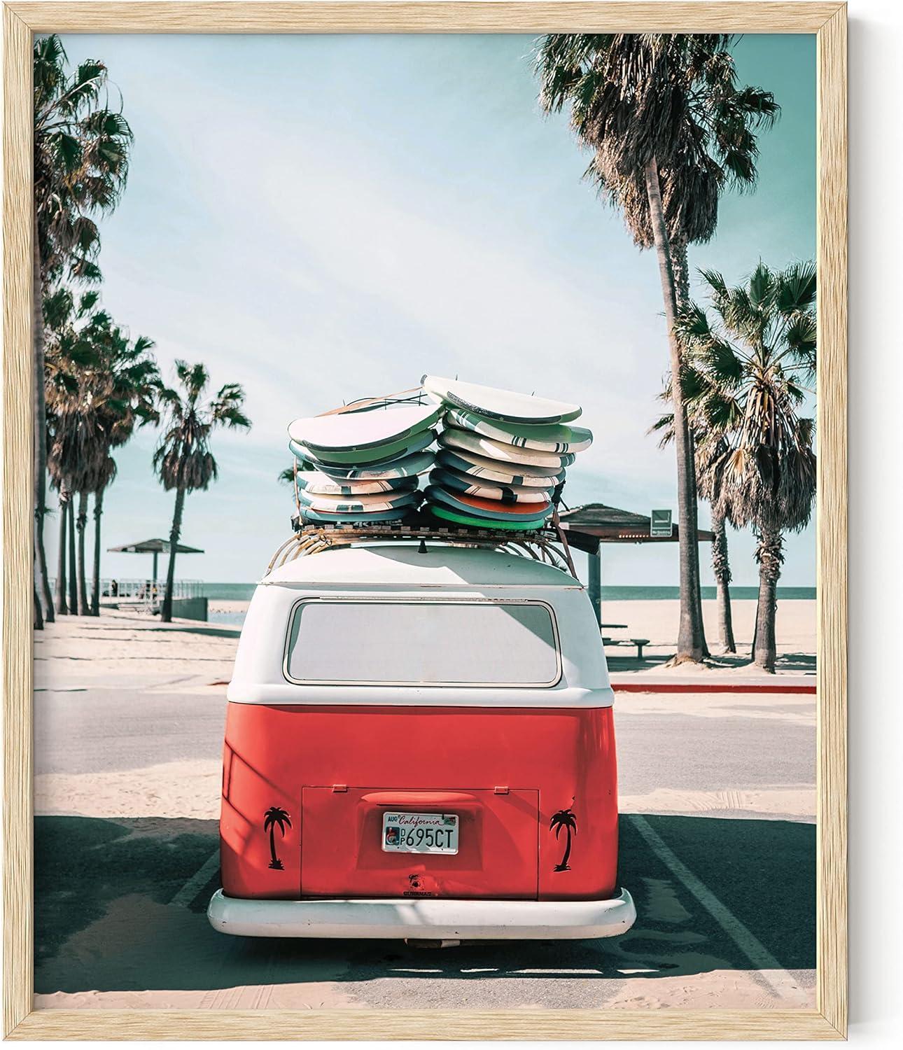 imageHAUS AND HUES Surfing Poster Beach Room Decor  Surfer Poster Art Prints Surfer Wall Art Wall Decor Vintage Beach Posters Surfer Print Black Frame 16x20Red Surf Van