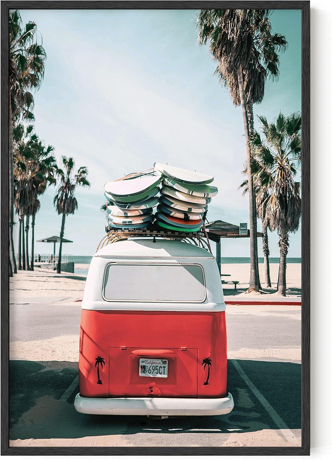 imageHAUS AND HUES Surfing Poster Beach Room Decor  Surfer Poster Art Prints Surfer Wall Art Wall Decor Vintage Beach Posters Surfer Print Black Frame 16x20Red Surf Van