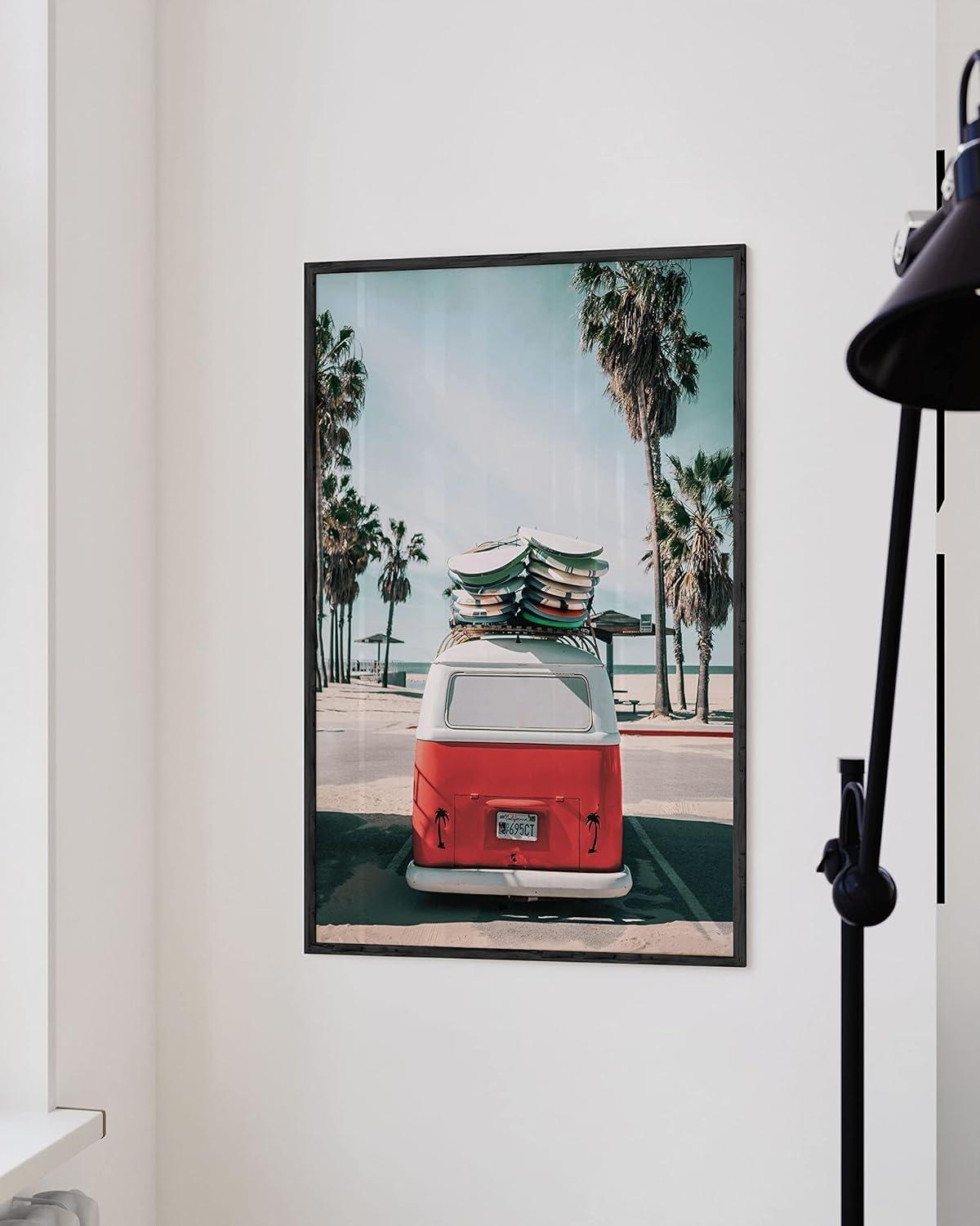 imageHAUS AND HUES Surfing Poster Beach Room Decor  Surfer Poster Art Prints Surfer Wall Art Wall Decor Vintage Beach Posters Surfer Print Black Frame 16x20Red Surf Van