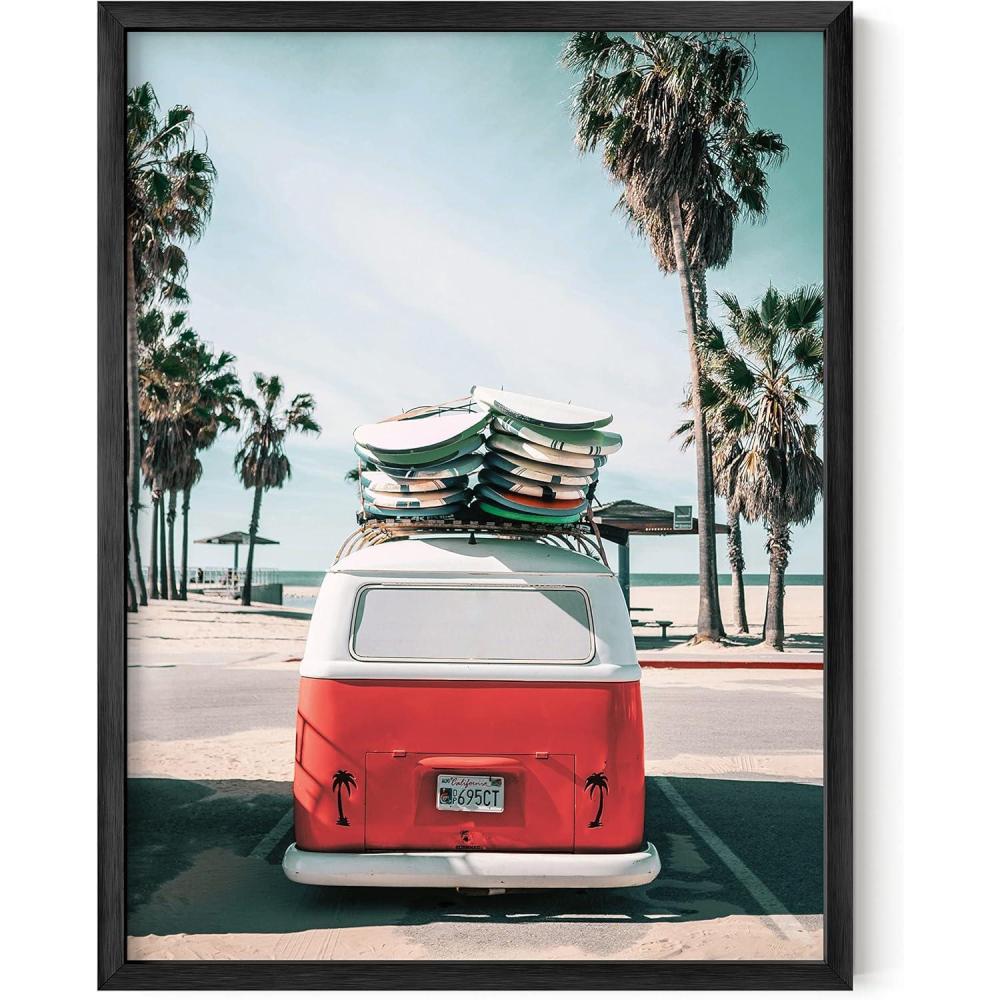 imageHAUS AND HUES Surfing Poster Beach Room Decor  Surfer Poster Art Prints Surfer Wall Art Wall Decor Vintage Beach Posters Surfer Print Black Frame 16x20Red Surf Van