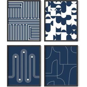imageHAUS AND HUES Modern Abstract Wall Art Prints  Set of 4 Mid Century Modern Abstract Prints Contemporary Geometric Posters Minimalist Abstract Wall Decor Framed Modern Art Black Frame 8x10Navy Geometric Shapes