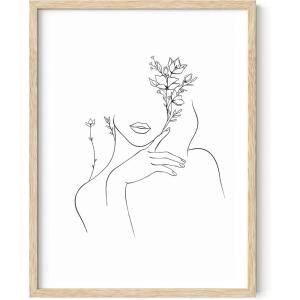 imageHAUS AND HUES Minimalist Line Art  Woman Silhouette Print Abstract Face Collage Modern Wall Decor Beige Frame 16x20Woman with Flower