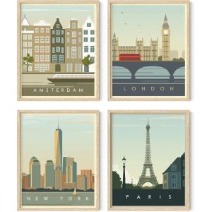 imageHAUS AND HUES City Wall Art Vintage Travel Posters  Set of 4 Travel Wall Art Posters of London New York Print Paris Wall Poster and Amsterdam City Wall Decor Unframed 16x20Unframed