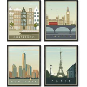 imageHAUS AND HUES City Wall Art Vintage Travel Posters  Set of 4 Travel Wall Art Posters of London New York Print Paris Wall Poster and Amsterdam City Wall Decor Unframed 16x20Black Framed