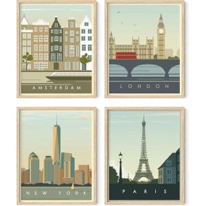 imageHAUS AND HUES City Wall Art Vintage Travel Posters  Set of 4 Travel Wall Art Posters of London New York Print Paris Wall Poster and Amsterdam City Wall Decor Unframed 16x20Beige Framed