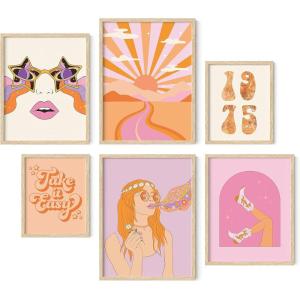 imageHAUS AND HUES Danish Pastel Room Decor Aesthetic  Set of 6 Colorful Wall Art Trendy Posters for Teens Floral Art Pink Abstract Wall Decor Black Frame70s