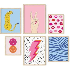 imageHAUS AND HUES Danish Pastel Room Decor Aesthetic  Set of 6 Colorful Wall Art Trendy Posters for Teens Floral Art Pink Abstract Wall Decor Black FrameBright Dorm