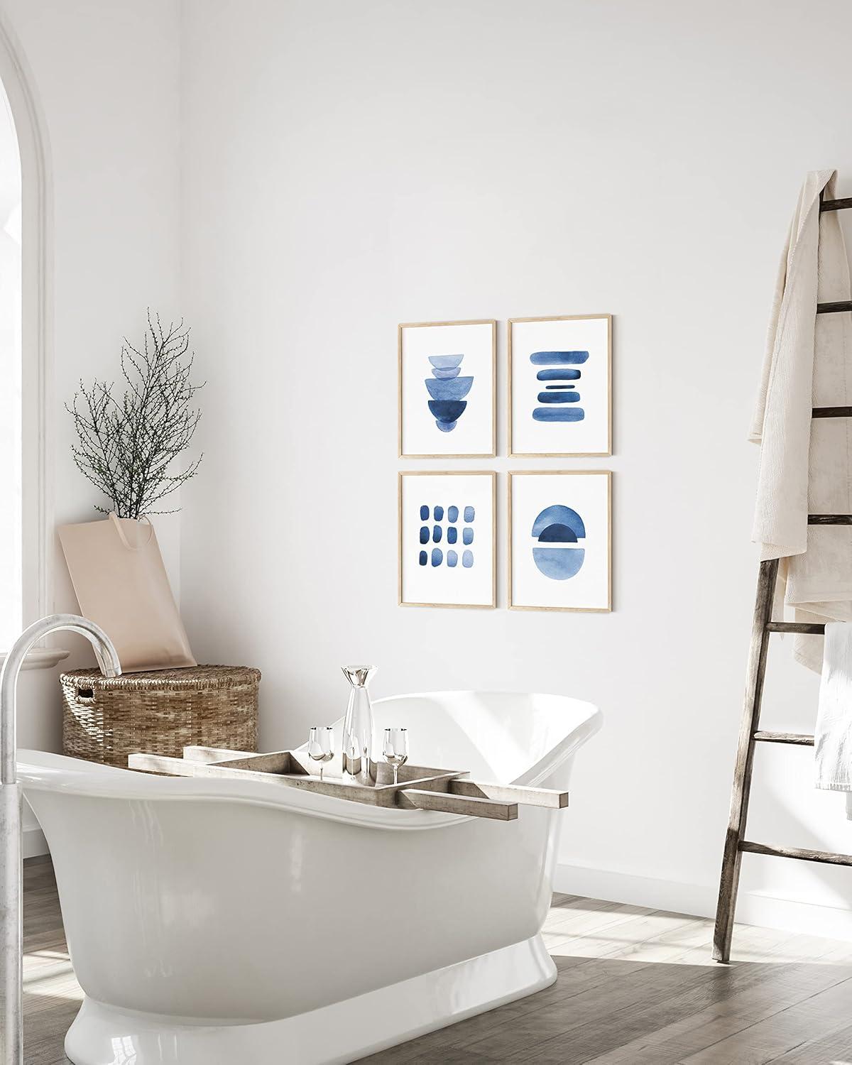 imageHAUS AND HUES Abstract Blue Art  Set of 4 Abstract Art Wall Decor for Living Room Watercolor Prints Wall Art Navy Blue Wall Art Black Frame 11x14Abstract Blue