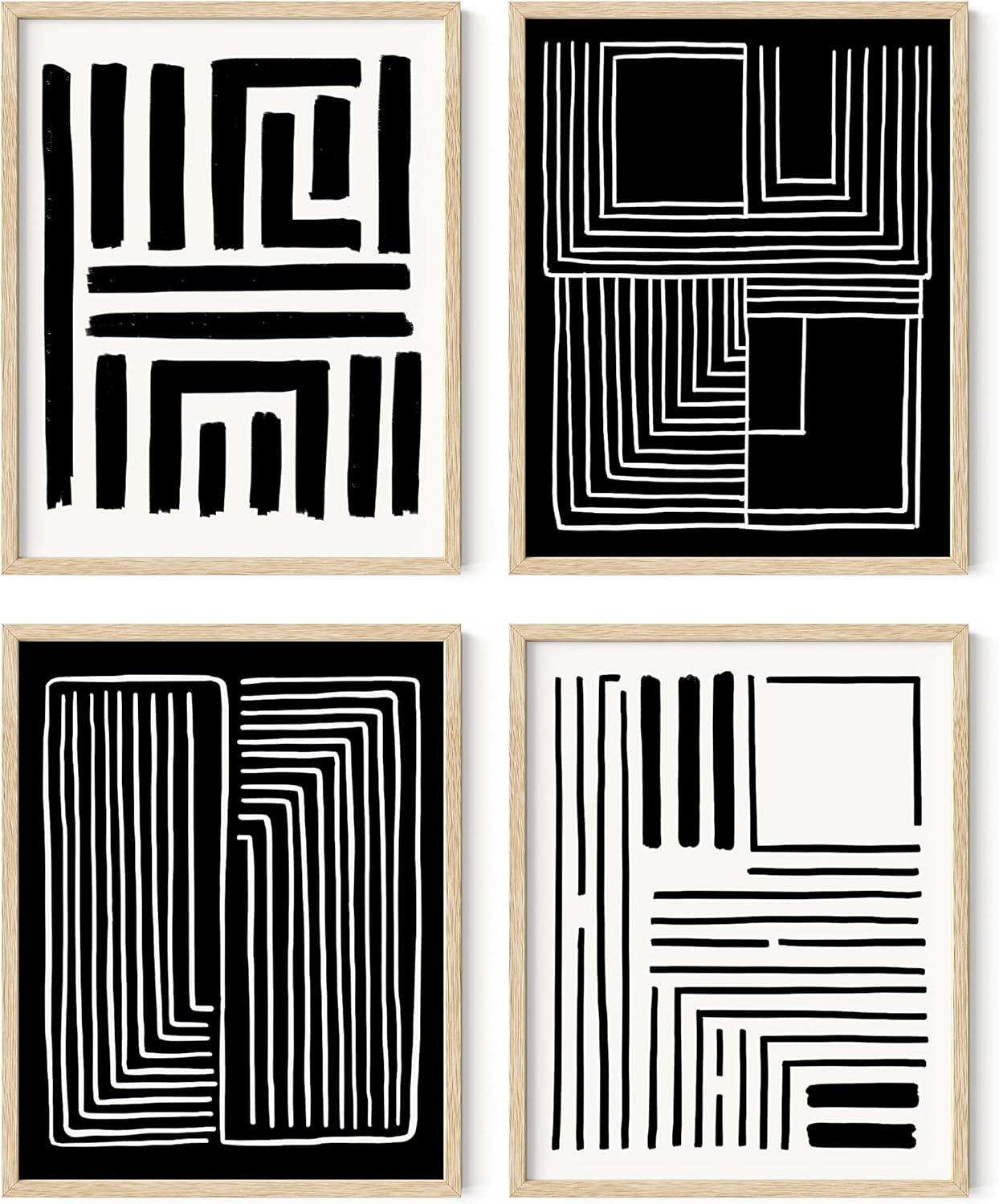 imageHAUS AND HUES Abstract Blue Art  Set of 4 Abstract Art Wall Decor for Living Room Watercolor Prints Wall Art Navy Blue Wall Art Black Frame 11x14Maze Set of 4