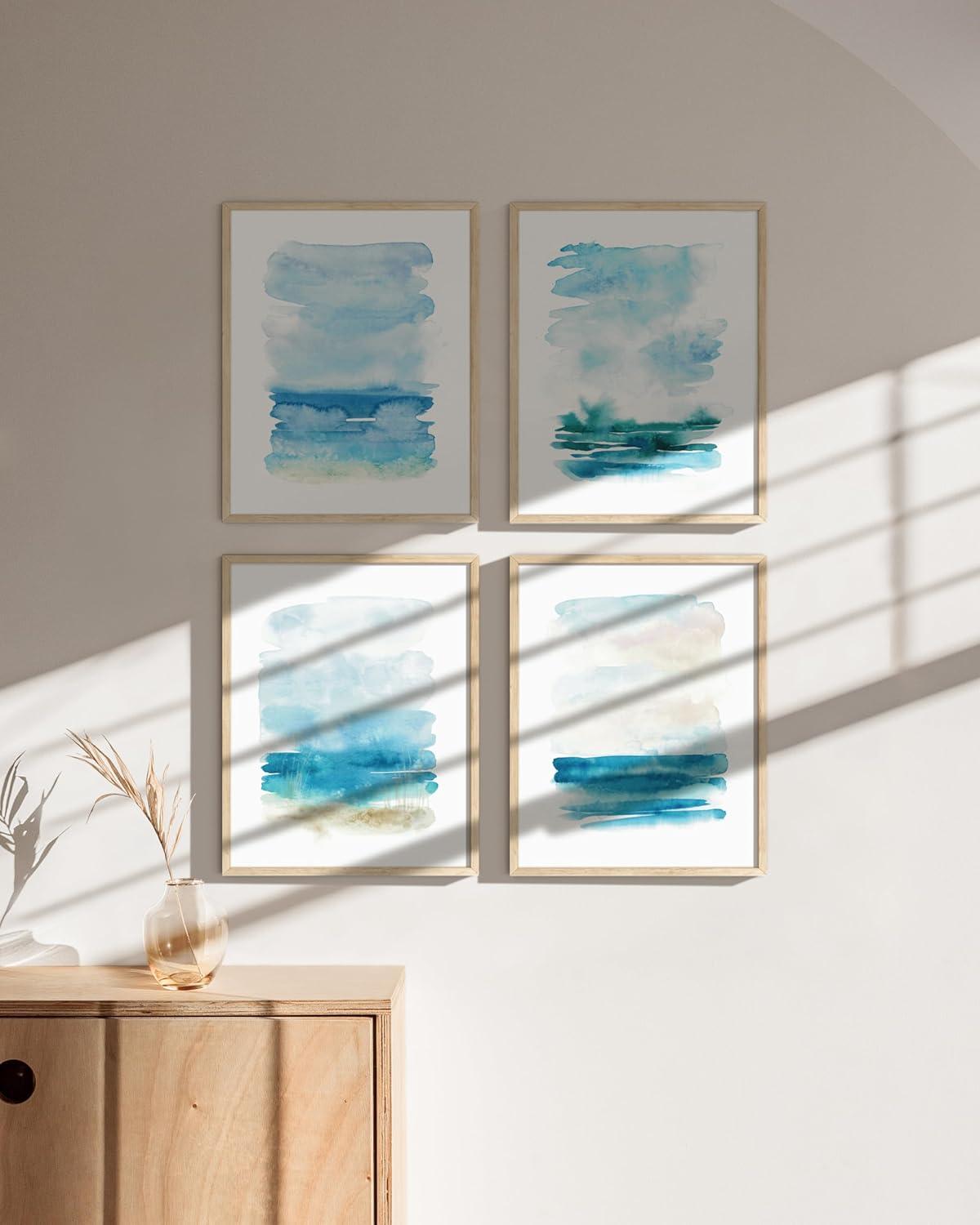 imageHAUS AND HUES Abstract Blue Art  Set of 4 Abstract Art Wall Decor for Living Room Watercolor Prints Wall Art Navy Blue Wall Art Black Frame 11x14Seascape Set of 4