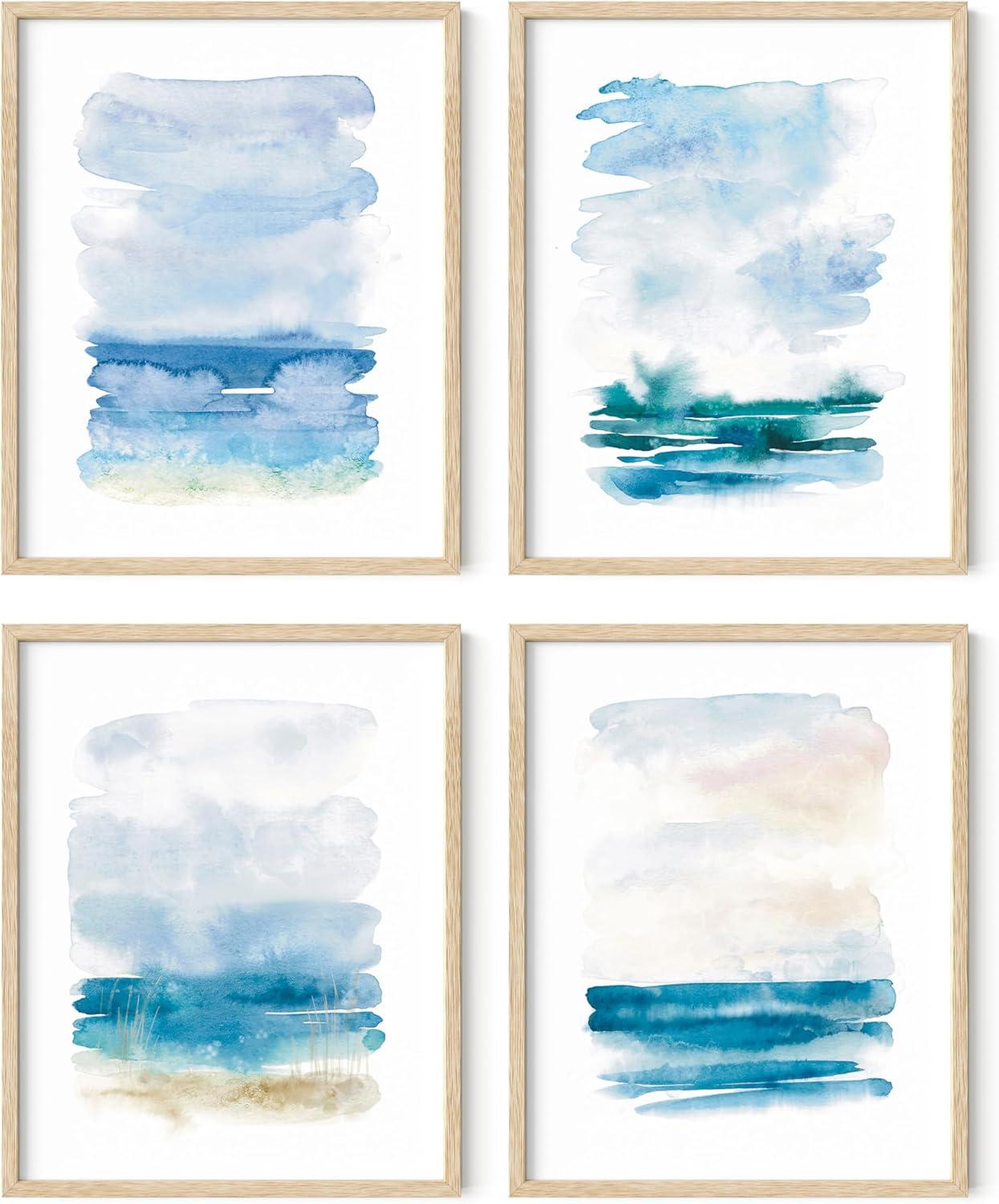 imageHAUS AND HUES Abstract Blue Art  Set of 4 Abstract Art Wall Decor for Living Room Watercolor Prints Wall Art Navy Blue Wall Art Black Frame 11x14Seascape Set of 4