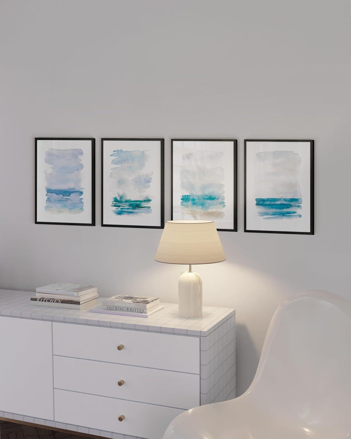 imageHAUS AND HUES Abstract Blue Art  Set of 4 Abstract Art Wall Decor for Living Room Watercolor Prints Wall Art Navy Blue Wall Art Black Frame 11x14Seascape Set of 4