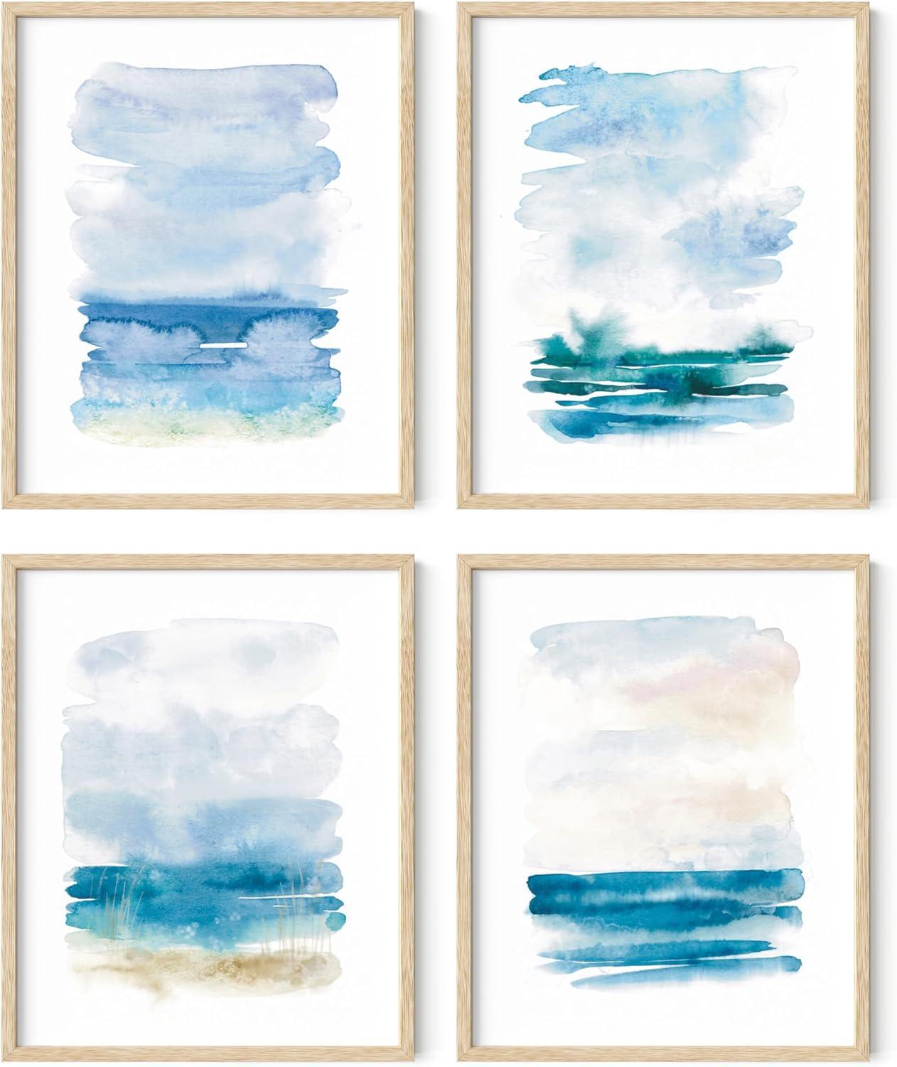 imageHAUS AND HUES Abstract Blue Art  Set of 4 Abstract Art Wall Decor for Living Room Watercolor Prints Wall Art Navy Blue Wall Art Black Frame 11x14Seascape Set of 4