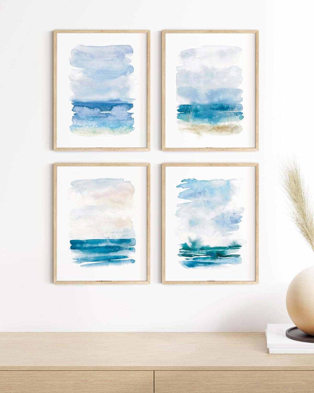 imageHAUS AND HUES Blue Abstract Wall Art  Set of 4 Watercolor Prints Abstract Blue Art Abstract Wall Art with Frame Abstract Art Wall Decor Watercolor Art Prints Black Frame 16x20Seascape Set of 4