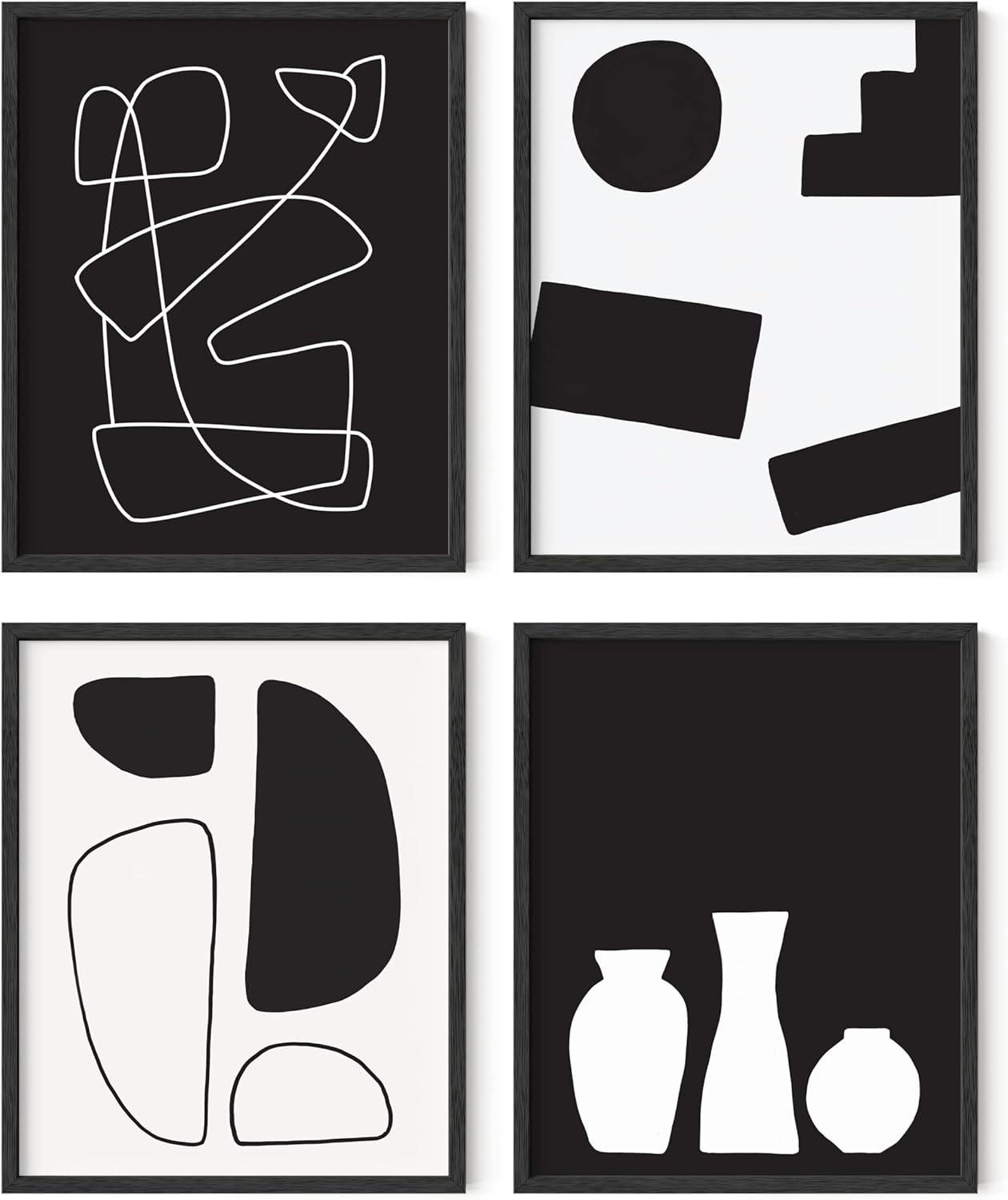imageHAUS AND HUES Blue Abstract Wall Art  Set of 4 Watercolor Prints Abstract Blue Art Abstract Wall Art with Frame Abstract Art Wall Decor Watercolor Art Prints Black Frame 16x20BW Modern Shapes Set of 4