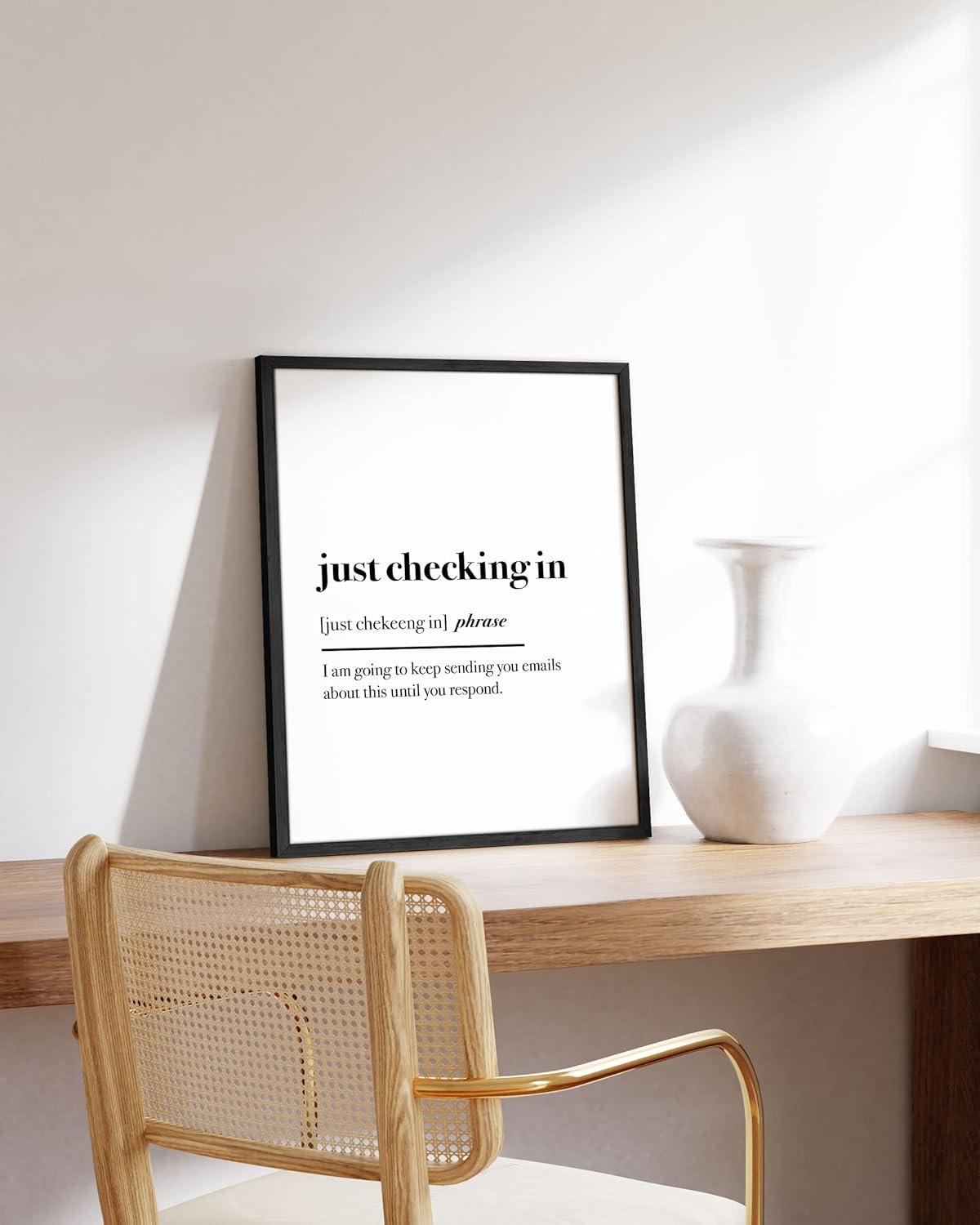 imageHAUS AND HUES Home Office Wall Decor  Funny Wall Art for Office Cubicle Wall Decor Funny Office Decorations for Work Funny Cubicle Decor Wall Sayings for Office Meeting Framed Beige 16x20Just Checking In