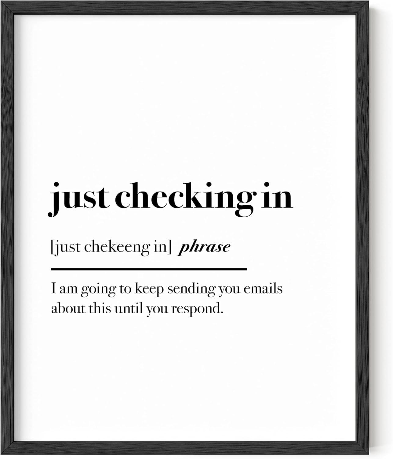 imageHAUS AND HUES Home Office Wall Decor  Funny Wall Art for Office Cubicle Wall Decor Funny Office Decorations for Work Funny Cubicle Decor Wall Sayings for Office Meeting Framed Beige 16x20Just Checking In