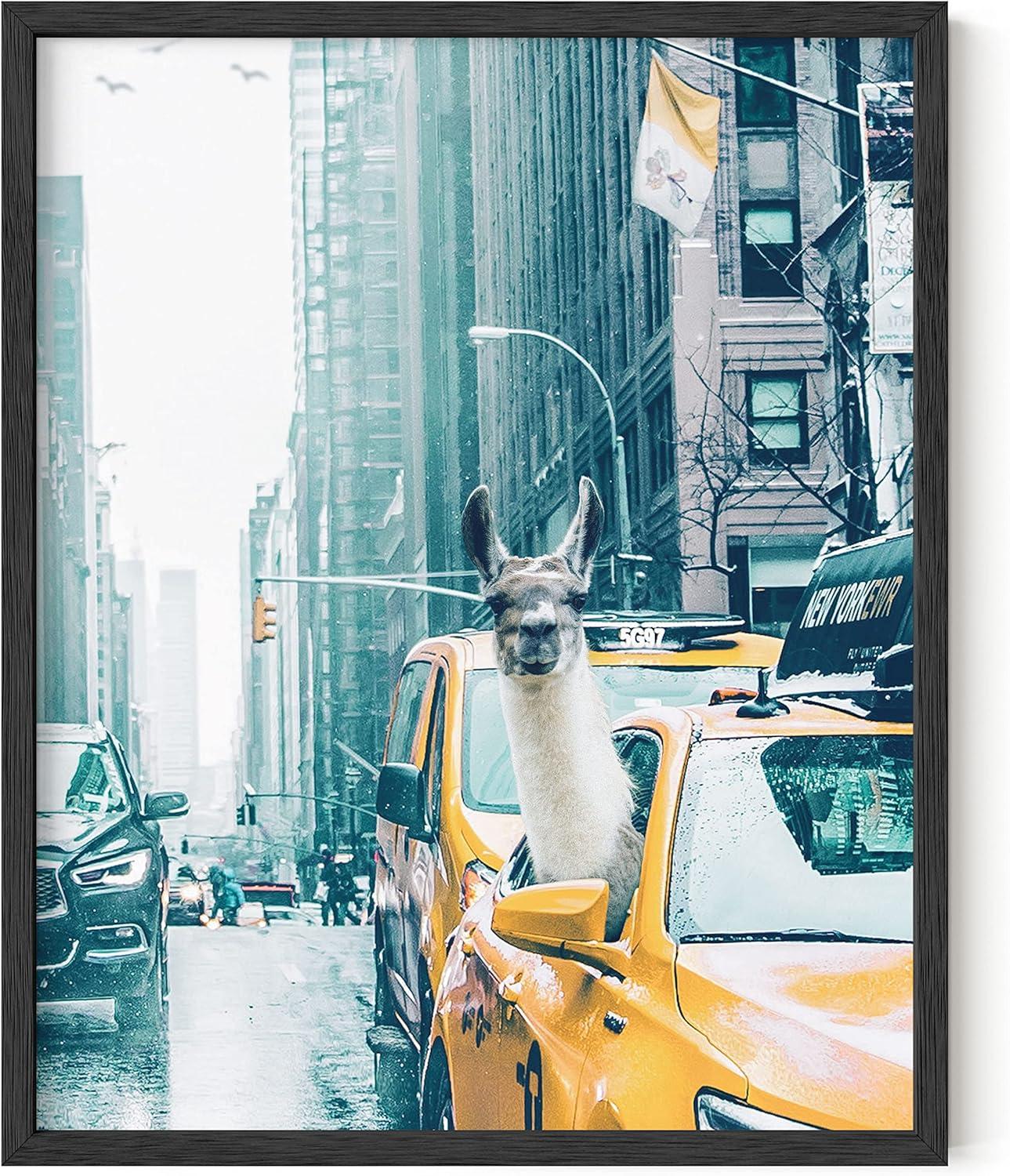 imageRipGrip Llama Dorm Decor and Llama Wall Art  Dope Posters for Boys Room Cute Posters for College Dorm Cute Wall Decor Funny Llama Accessories Llama in Taxi Art Print Black Frame 16x20Unframed