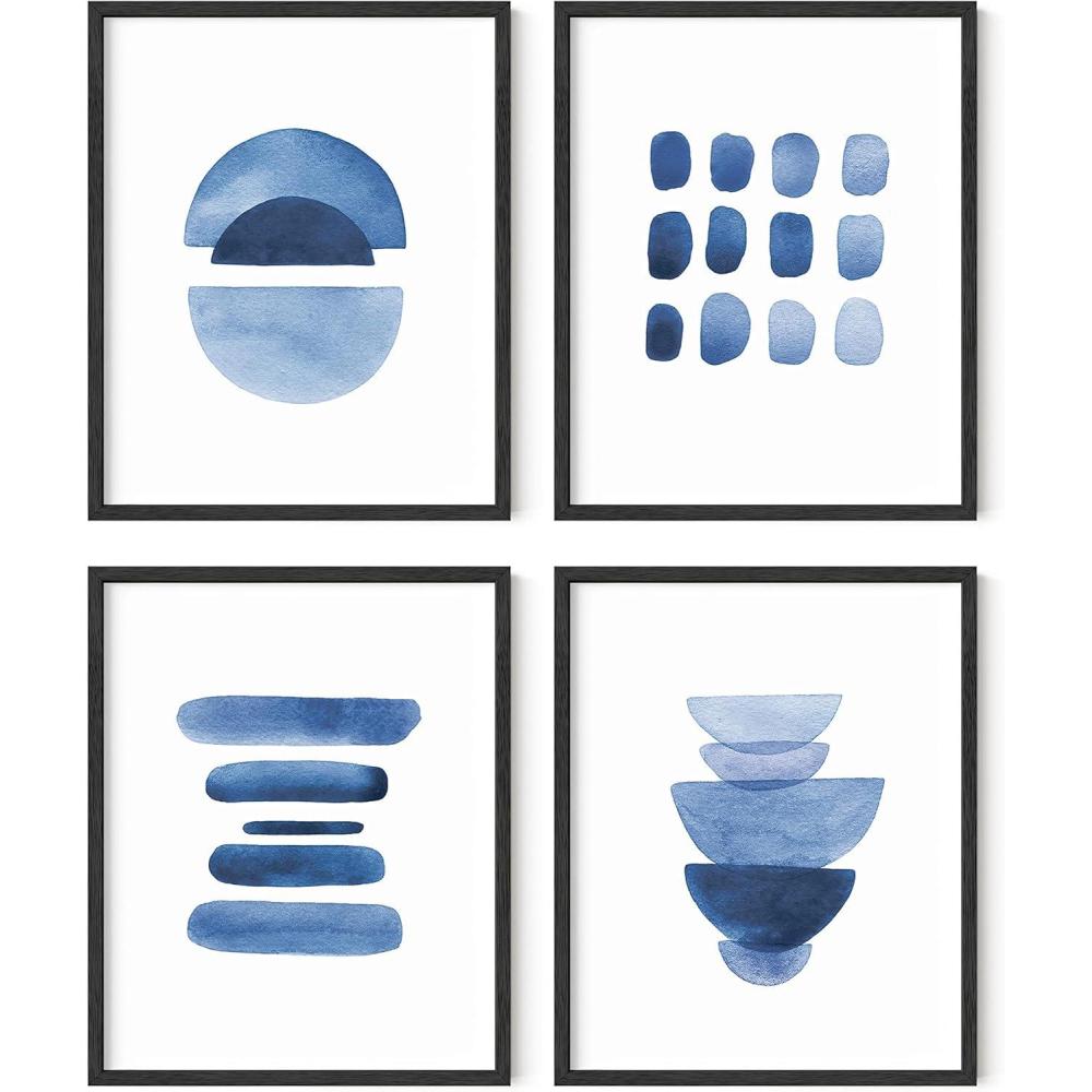 imageHAUS AND HUES Abstract Blue Art  Set of 4 Abstract Art Wall Decor for Living Room Watercolor Prints Wall Art Navy Blue Wall Art Black Frame 11x14Abstract Blue