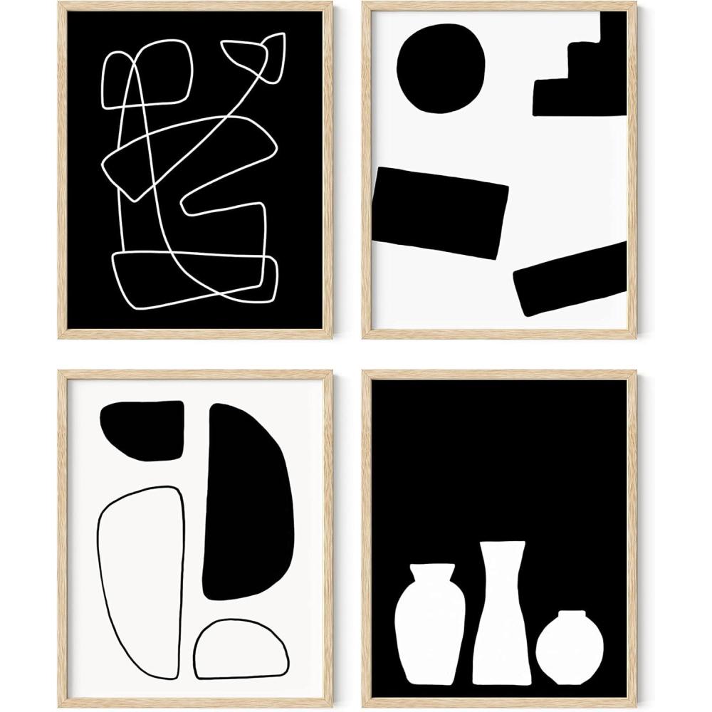 imageHAUS AND HUES Blue Abstract Wall Art  Set of 4 Watercolor Prints Abstract Blue Art Abstract Wall Art with Frame Abstract Art Wall Decor Watercolor Art Prints Black Frame 16x20BW Modern Shapes Set of 4