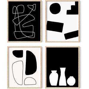 imageHAUS AND HUES Black and White Abstract Wall Art Set of 4  Modern Minimalist Prints Monochrome Wall Decor for Living Room and Home Unframed 16x20BW Modern Shapes Set of 4