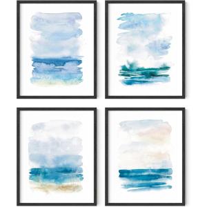 imageHAUS AND HUES Blue Abstract Wall Art Set of 4  Navy Blue Wall Decor Blue and White Art Prints Aesthetic Blue Posters for Room Modern Abstract Art Black Frame 16x20Seascape Set of 4