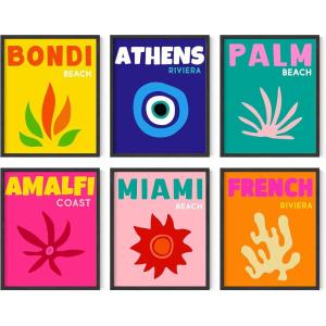 imageHAUS AND HUES Seascape Posters Gallery Wall Art Set of 6  Beach Evil Eye Travel Pictures California Blue Orange Framed Black 8x10Travel