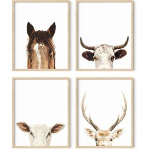 imageHAUS AND HUES Wall Art  Set of 4 Rustic Farm Animal Prints Art Prints 8x10 Beige Framed Kitchen Modern Farmhouse Decor Cow Deer Horse PigBeige Framed