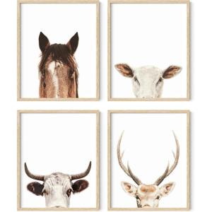 imageHAUS AND HUES Wall Art  Set of 4 Rustic Farm Animal Prints Art Prints 8x10 Beige Framed Kitchen Modern Farmhouse Decor Cow Deer Horse PigUnframed
