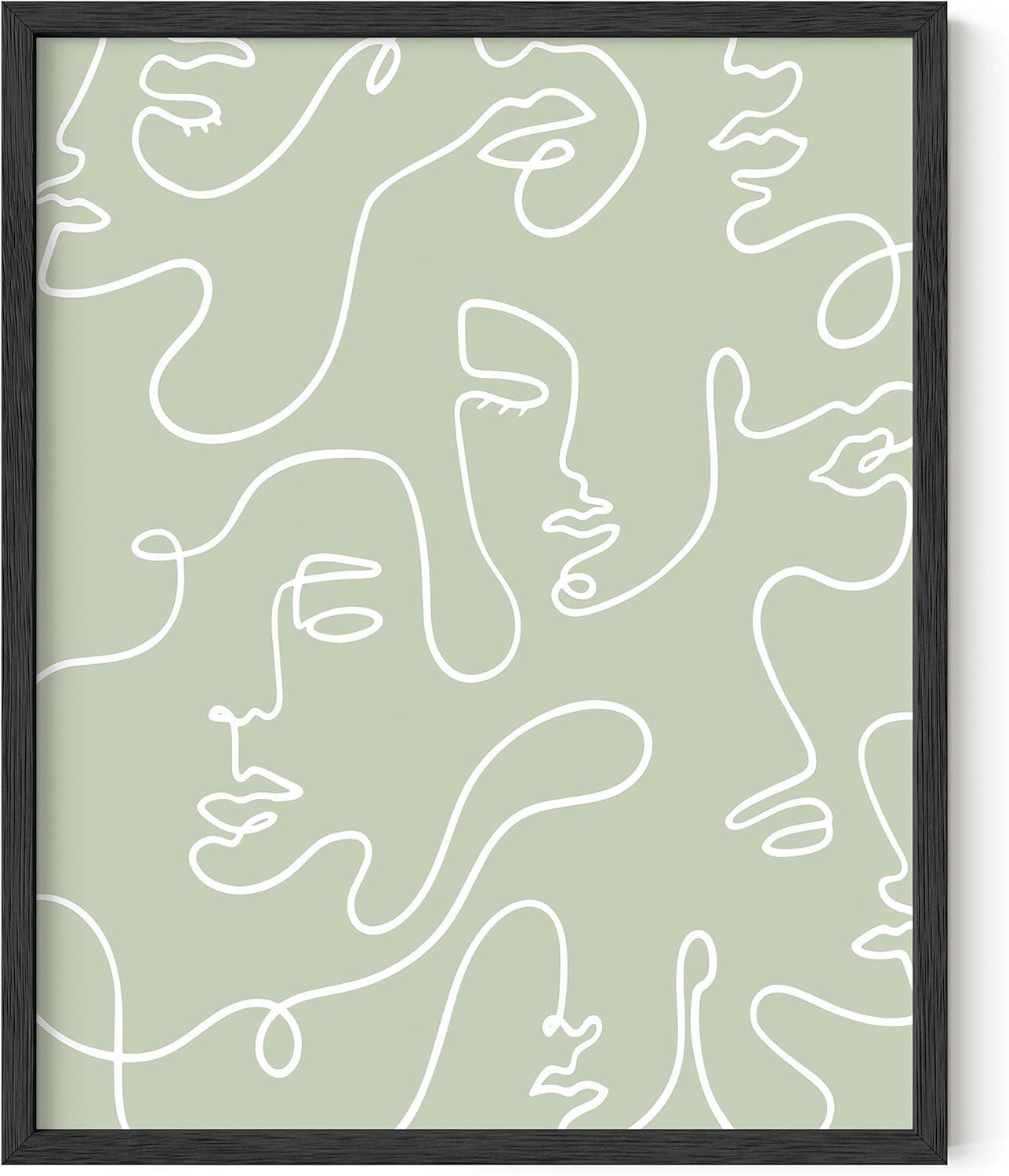 imageHAUS AND HUES Sage Green Wall Decor Aesthetic Green Posters for Bedroom Dark Green Room Art Dorm Wall Decor Beige Framed 24quot x 36quotGreen Face Line