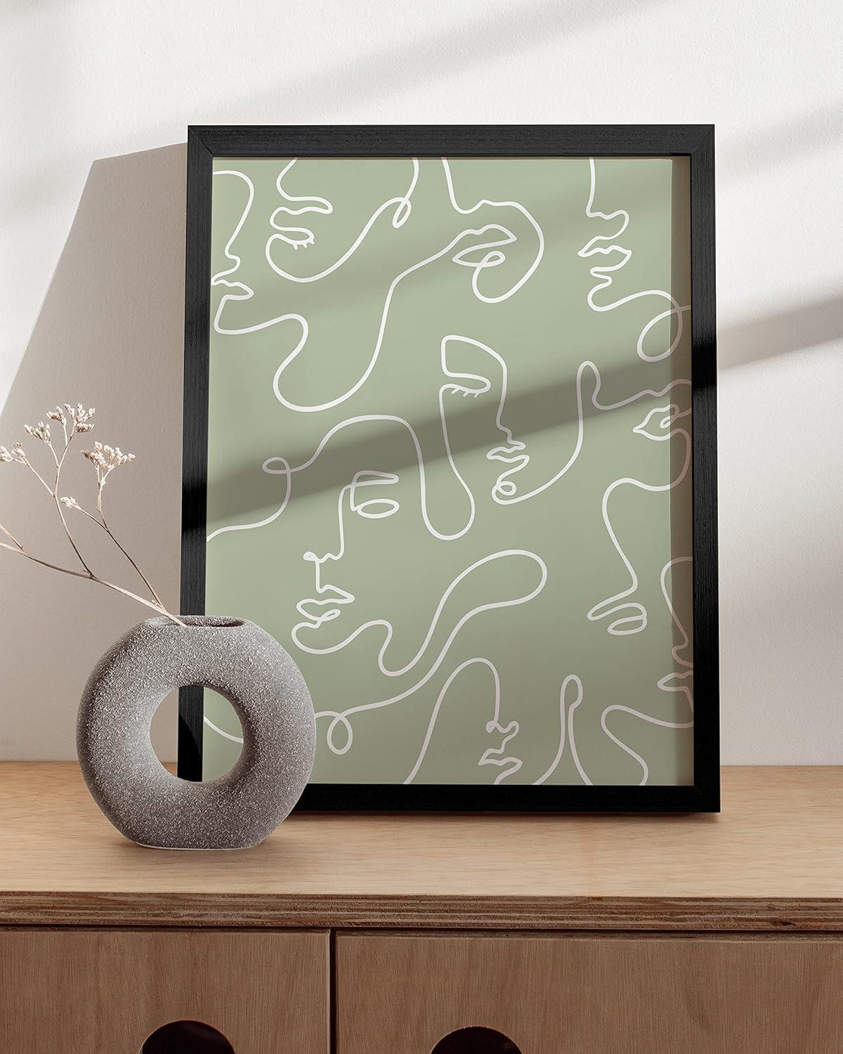 imageHAUS AND HUES Sage Green Wall Decor Aesthetic Green Posters for Bedroom Dark Green Room Art Dorm Wall Decor Beige Framed 24quot x 36quotGreen Face Line