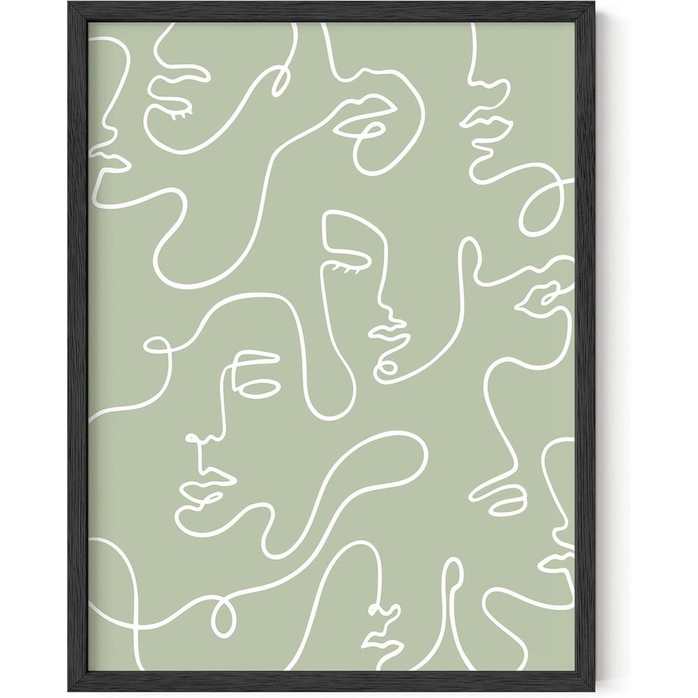 imageHAUS AND HUES Sage Green Wall Decor Aesthetic Green Posters for Bedroom Dark Green Room Art Dorm Wall Decor Beige Framed 24quot x 36quotGreen Face Line