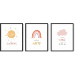 imageHAUS AND HUES Nursery Posters and Rainbow Wall Decor  Set of 3 Rainbow Wall Art for Kids Wall Art for Nursery Girl Kids Poster Hello Sunshine Classroom Decorations Beige Frame 11x14Unframed