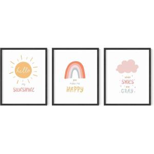 imageHAUS AND HUES Nursery Posters and Rainbow Wall Decor  Set of 3 Rainbow Wall Art for Kids Wall Art for Nursery Girl Kids Poster Hello Sunshine Classroom Decorations Beige Frame 11x14Black Framed
