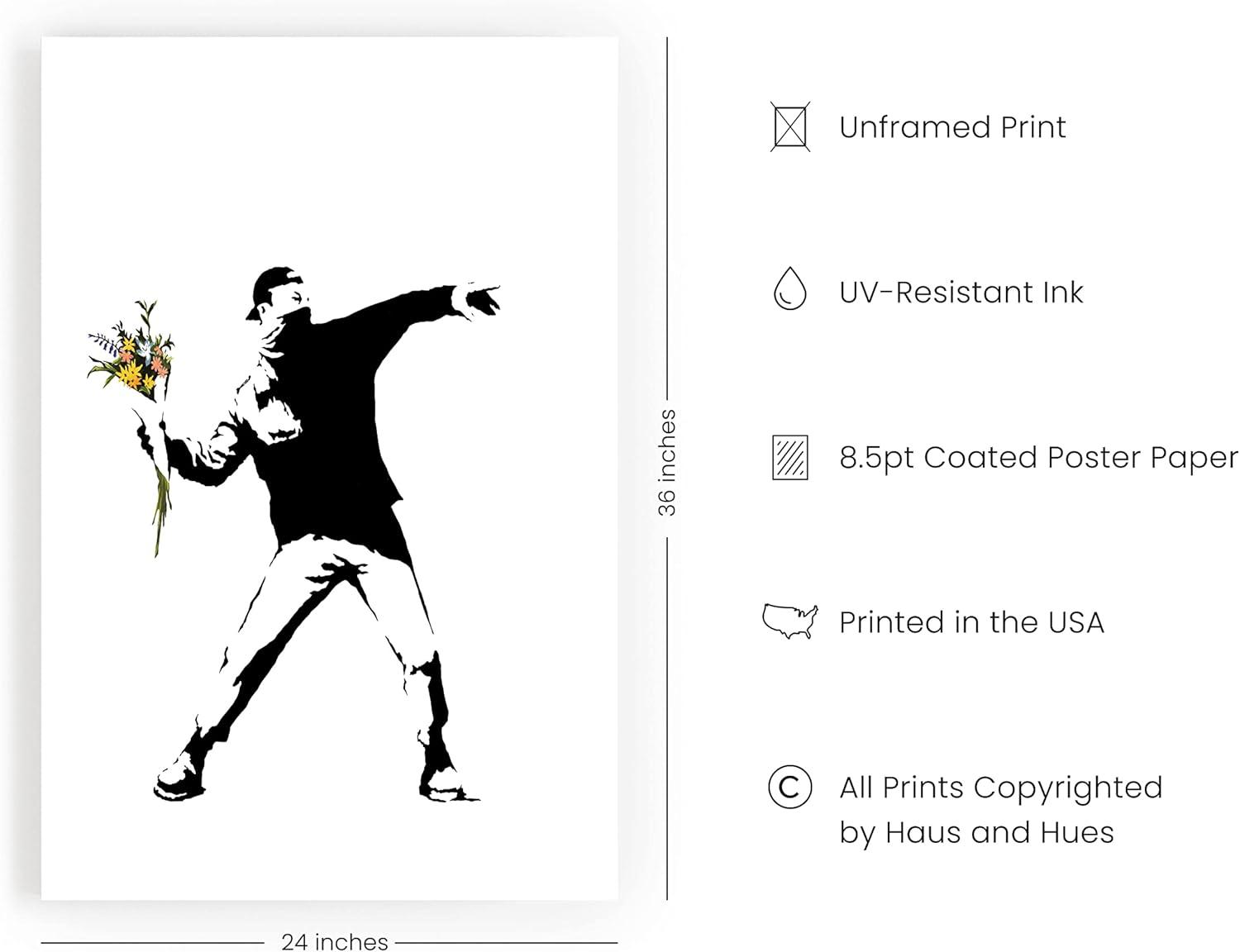 imageHAUS AND HUES Colorful Rain Graffiti Banksy Print  Street Art Wall Poster Ideal for Home and College Dorm Decor Beige Frame 24x36Banksy Flower Thrower