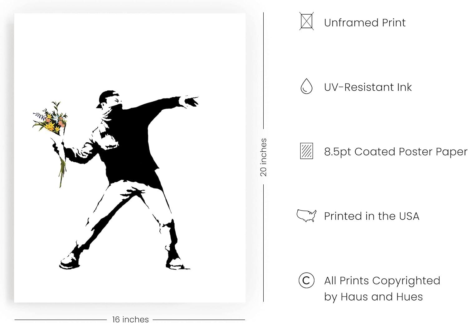 imageHAUS AND HUES Colorful Rain Graffiti Banksy Print  Street Art Wall Poster Ideal for Home and College Dorm Decor Beige Frame 24x36Banksy Flower Thrower
