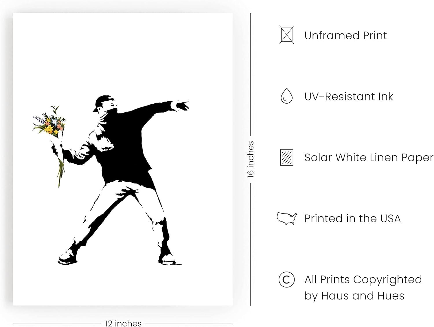 imageHAUS AND HUES Colorful Rain Graffiti Banksy Print  Street Art Wall Poster Ideal for Home and College Dorm Decor Beige Frame 24x36Banksy Flower Thrower